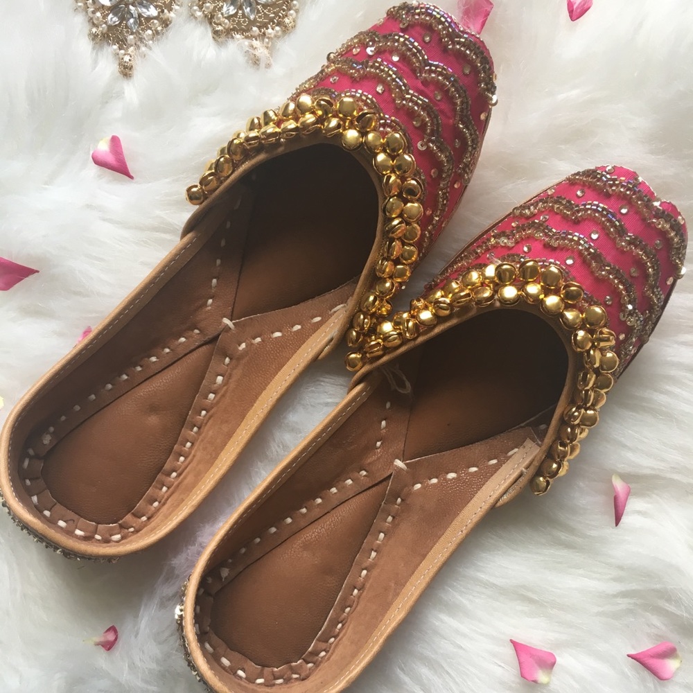 Bridal pink jutti with bells indian flat shoes
